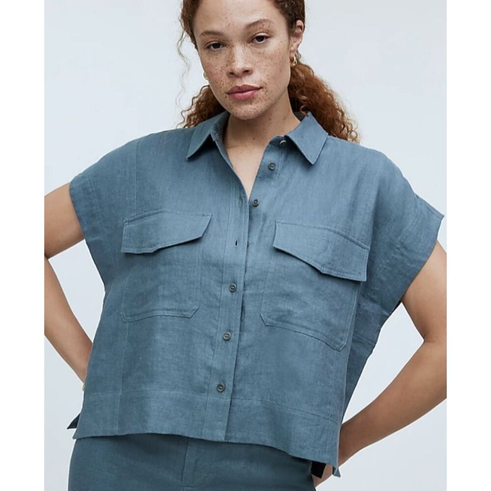MADEWELL Flap-Pocket Button-Up Shirt in 100% Linen Blue XS NWT - Picture 4 of 11